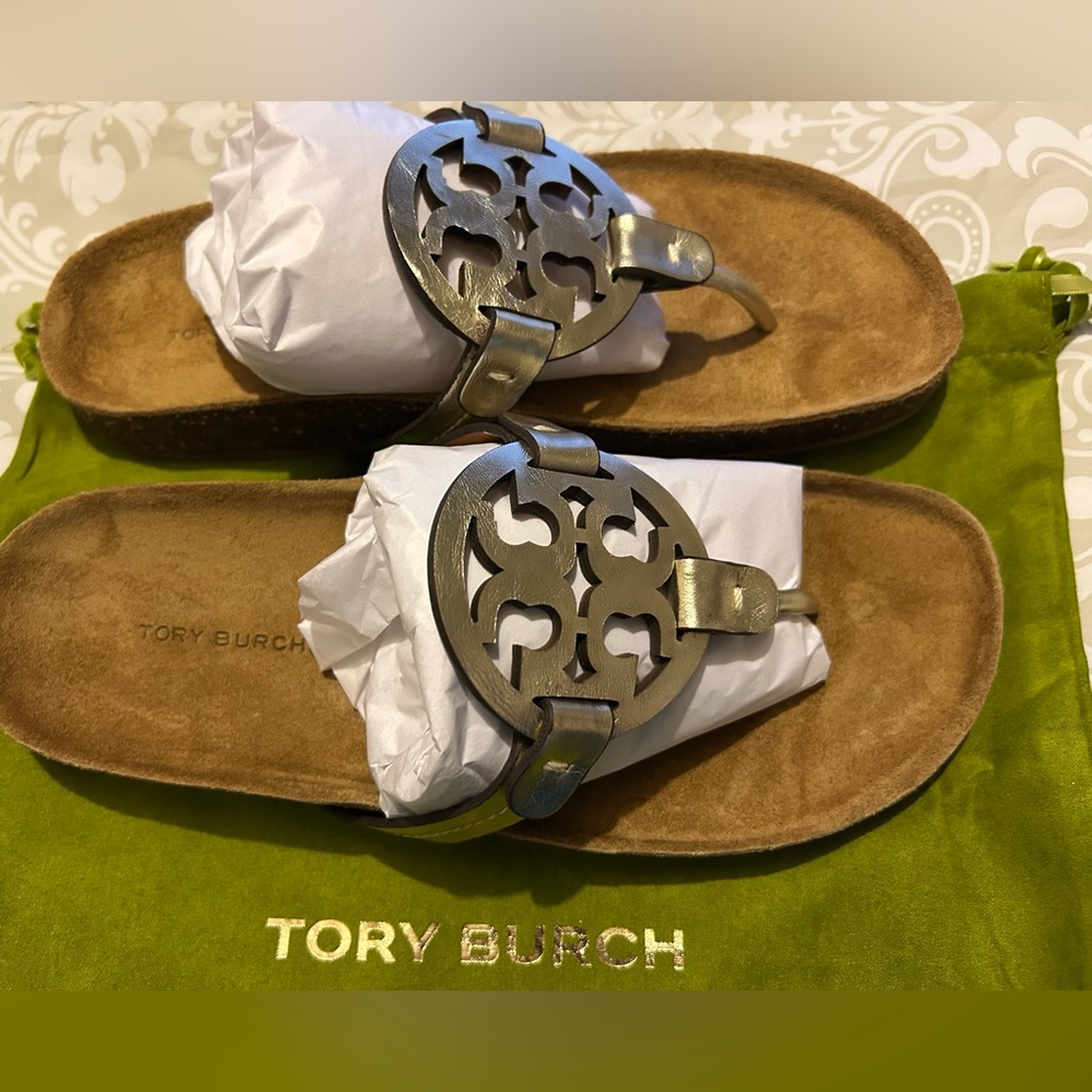 Tory Burch Miller Cloud Sandals Metallic Leather Spark Gold New Size 8 NIB SOLD!